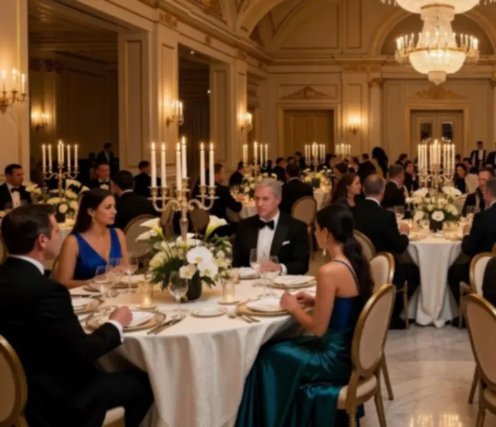 Elegancka gala z gośćmi w wieczorowych strojach w luksusowym wnętrzu