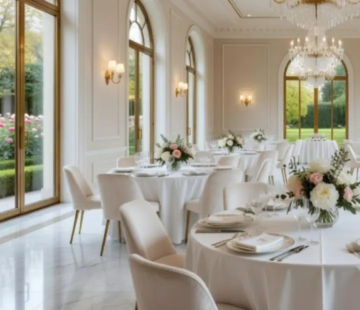 Wnętrze luksusowej sali eventowej z żyrandolami i elegancką aranżacją